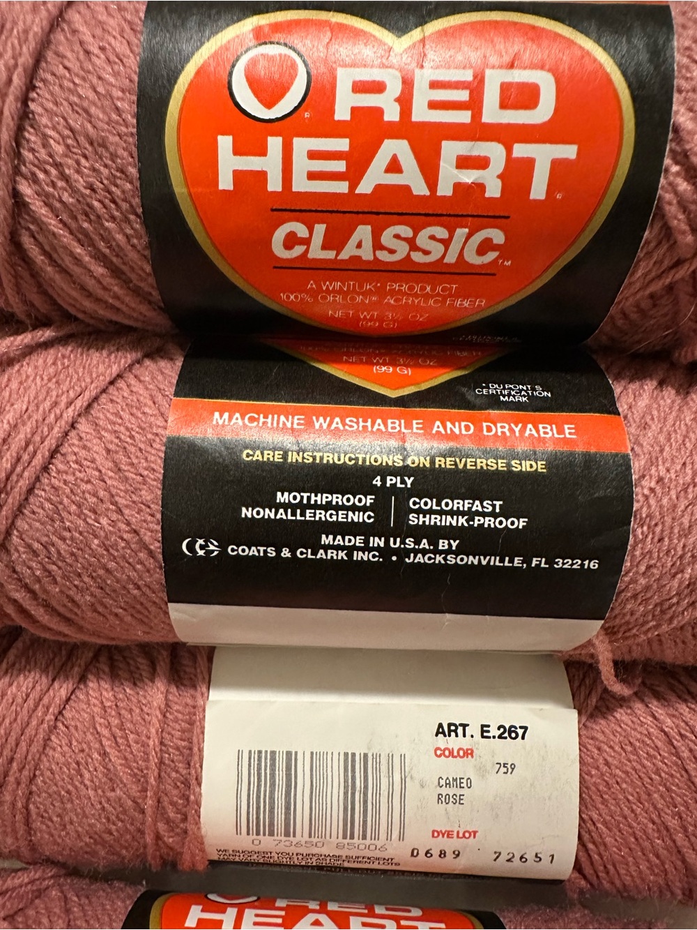 Red Heart Classic Yarn Vintage 7 Skeins Same Dye Lot Cameo Rose Color
